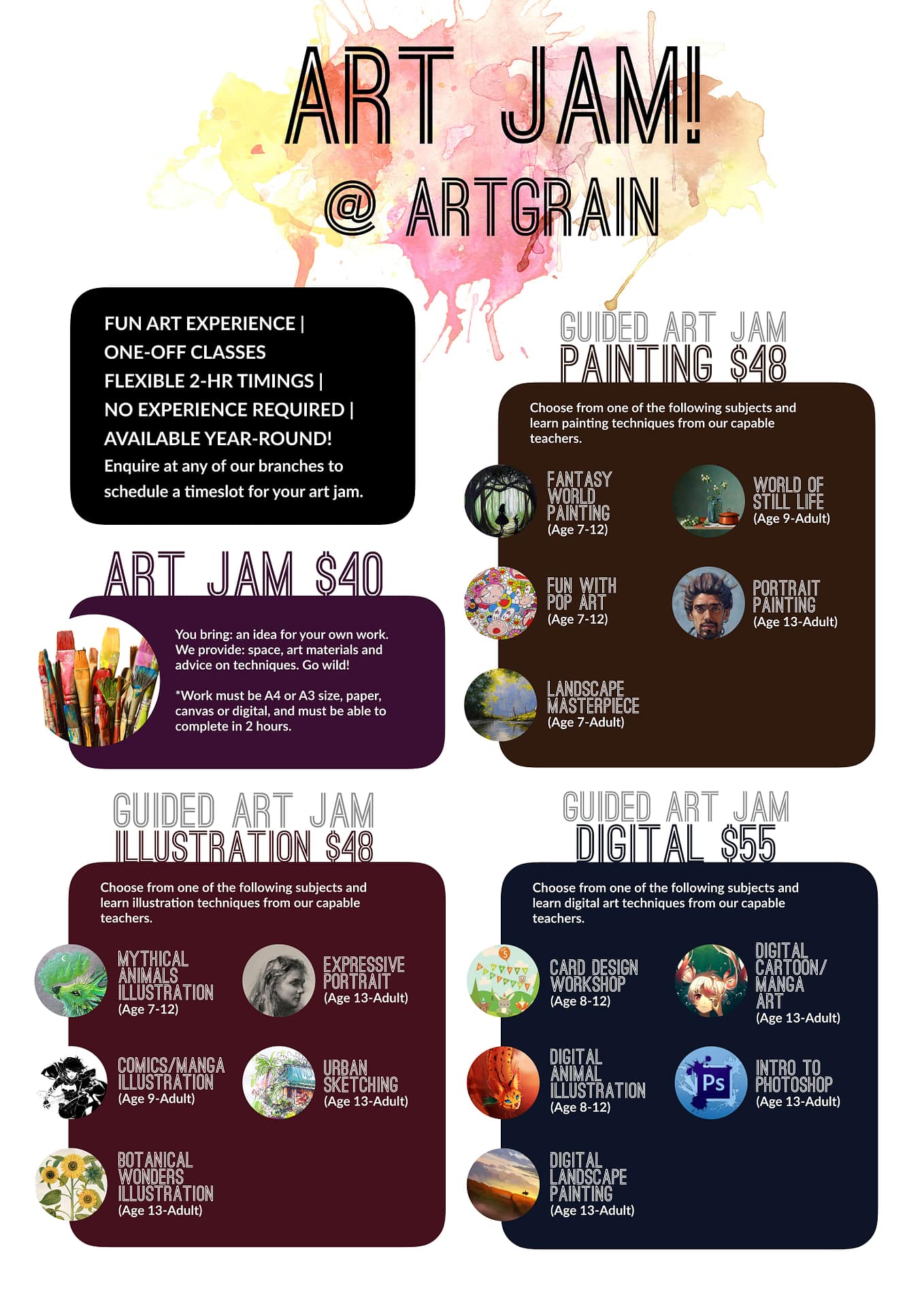 Art Jam Leisure Art Workshops for Children, Teens and Adults